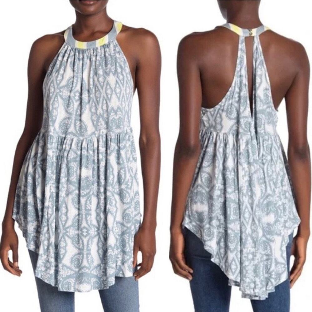 Free People Mimi Tunic Top Small Blue White Linen Blend Tank Flowy Loose Boho